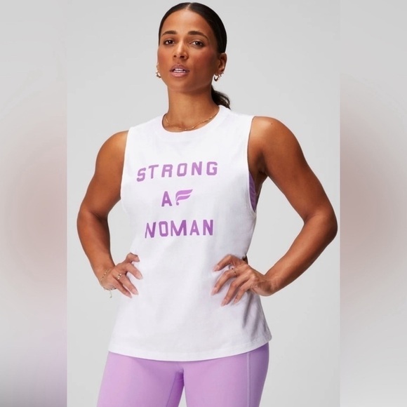 Fabletics International Women’s Day muscle tank, strong AF woman text purple SM - Picture 1 of 3